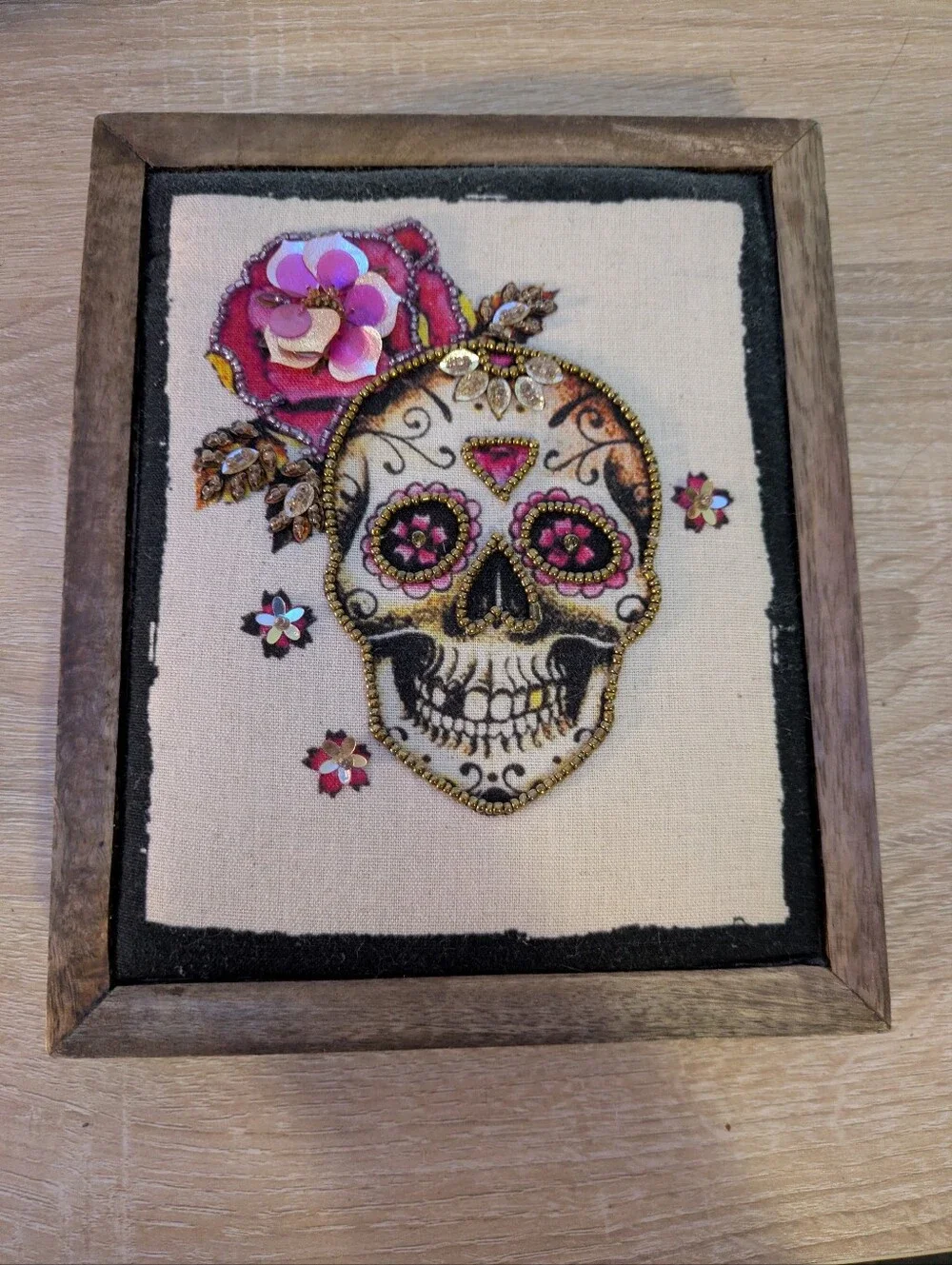 Sugar Skull Day of the Dead Embroidered Wall Art Wood Frame 7x8.5